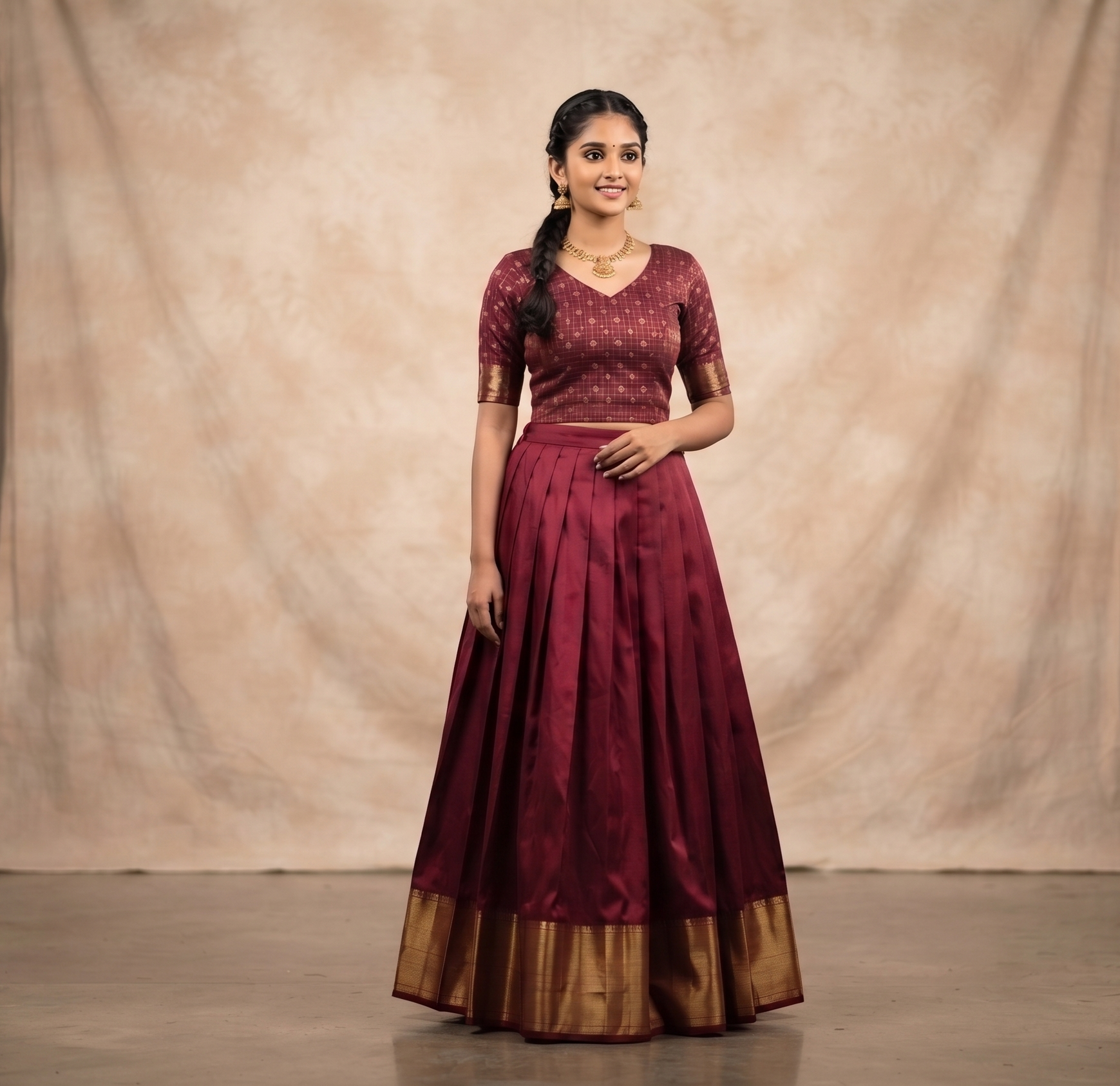 Maroon Brocade Silk Fabric for Blouse & Midi | Gold Woven Butta Design |