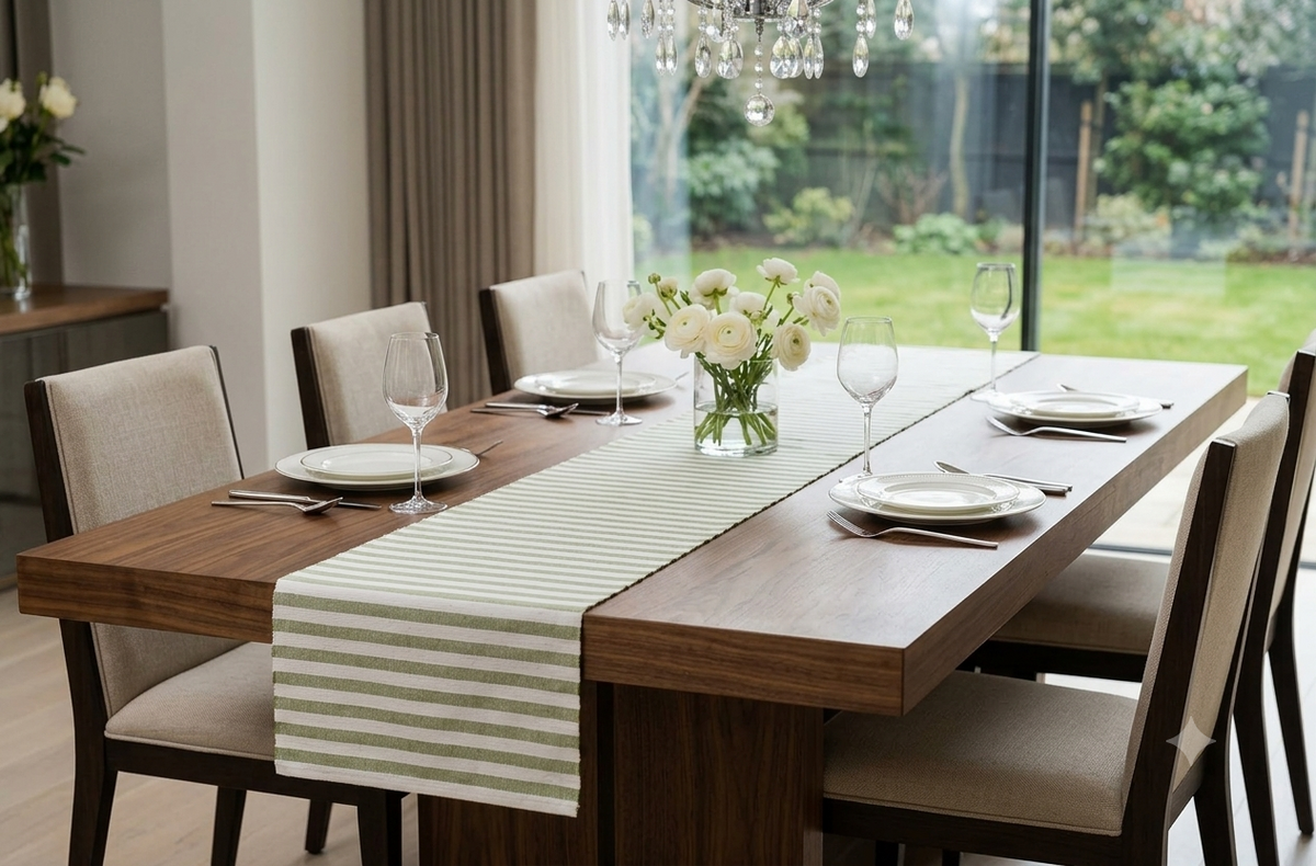 Green & White Striped Table Runner – 118 × 33 cm