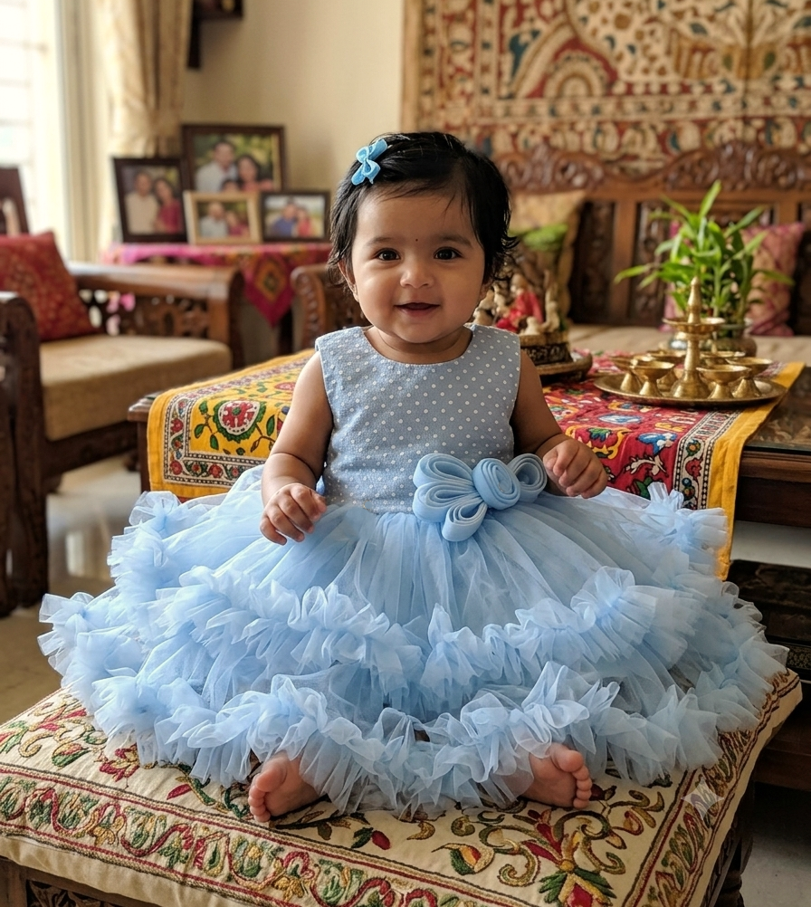 Baby Girls Light Blue Fancy Frock – Elegant Party Wear Dress