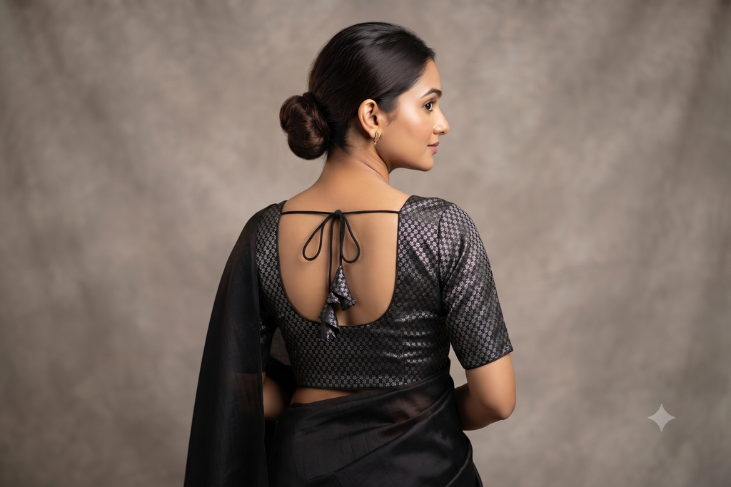 Women's Chanderi Silk Front Open Saree Blouse | Readymade Blouse for Sarees & Midi Wear | Black with Silver Woven Design