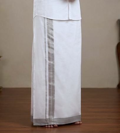 Premium White Cotton Double Mundu with Grey Kasavu Border