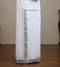 Premium White Cotton Double Mundu with Grey Kasavu Border