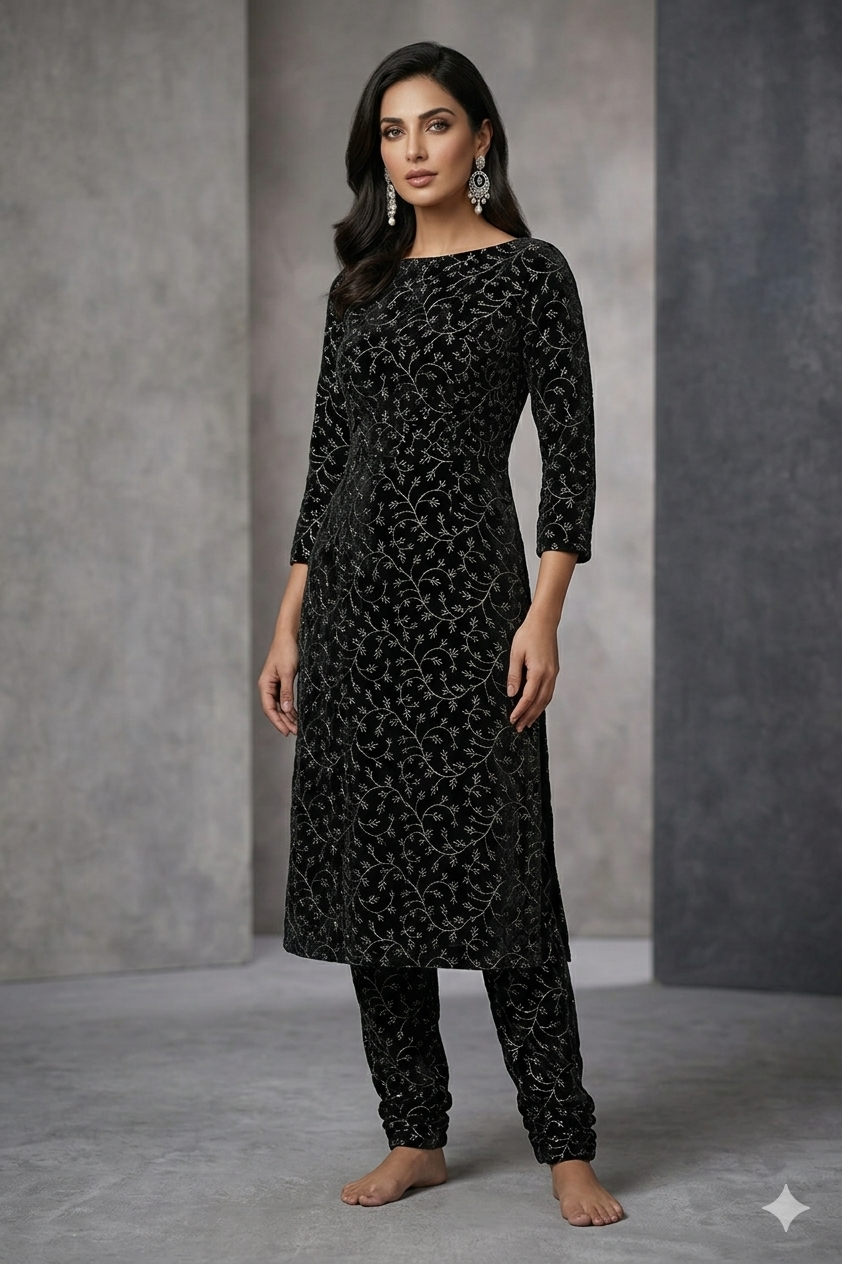 Elegant Black Velvet Embroidered Dress Material Set (Top & Bottom) – 44" Width