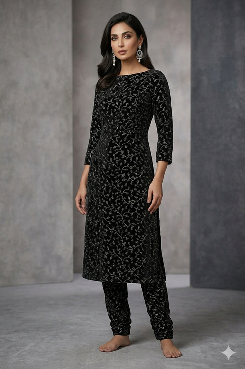 Elegant Black Velvet Embroidered Dress Material Set (Top & Bottom) – 44" Width