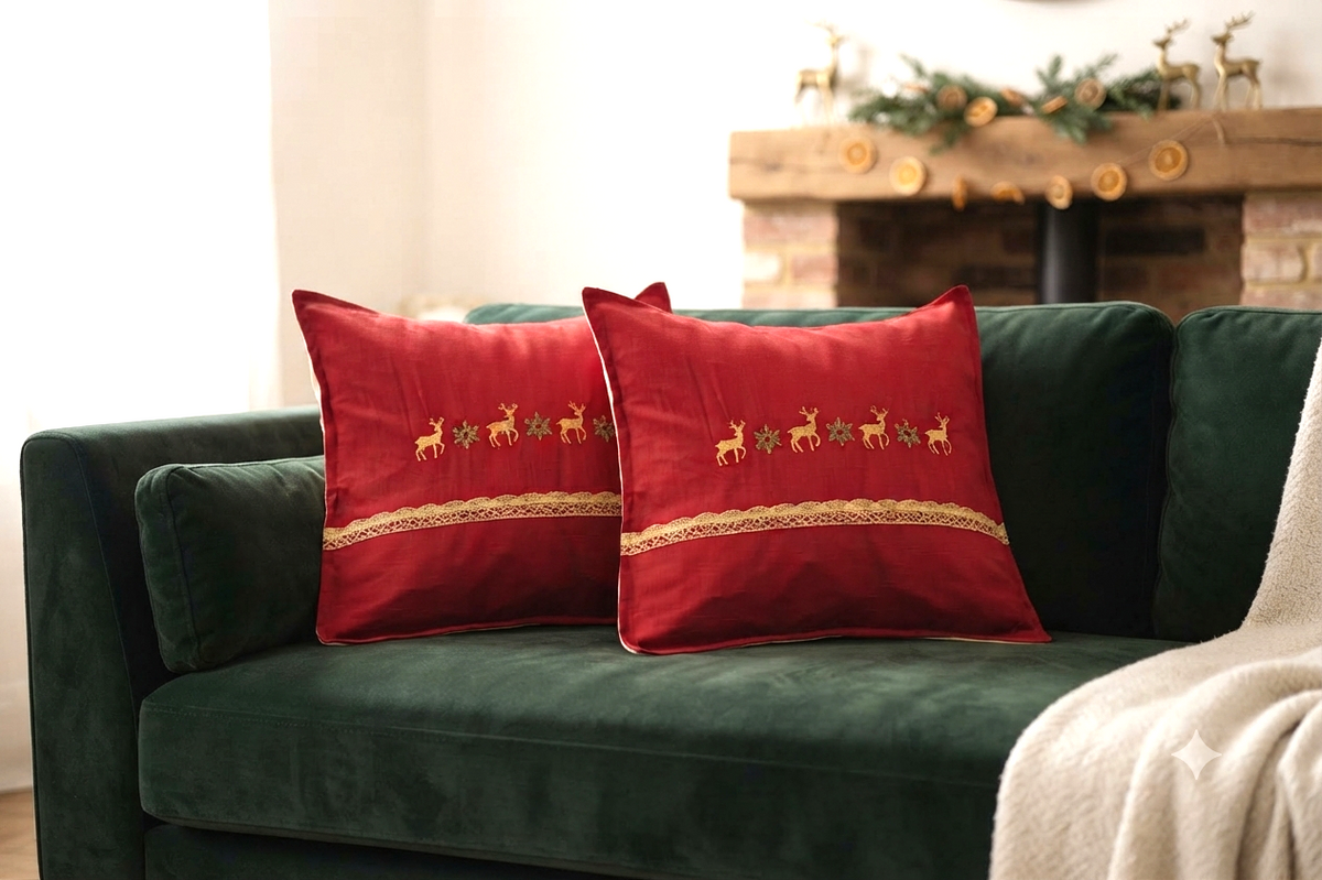 Red Decorative Cushion Cover with Gold Deer & Floral Embroidery – 16×16 Inch