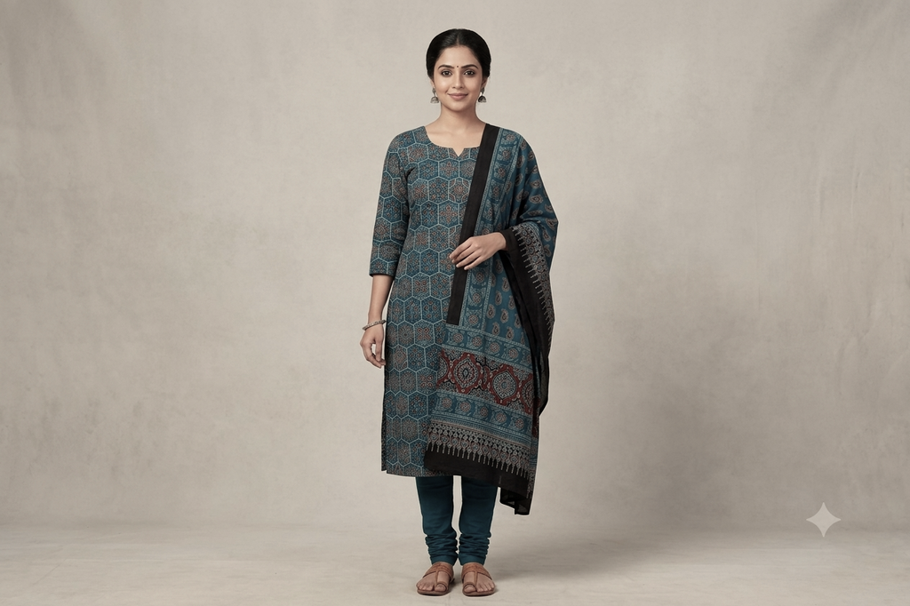 Navy Blue Printed Modal Silk Churidar Set Material | Ethnic Printed Dress Material