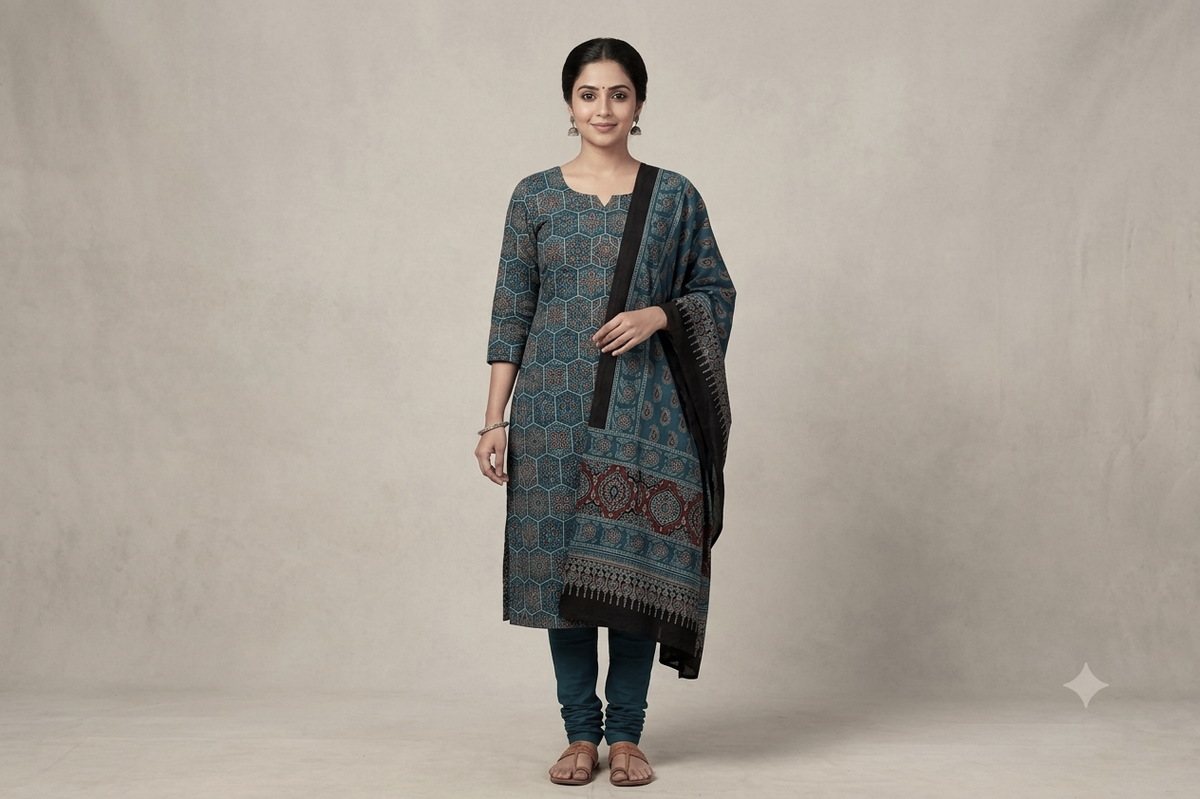 Navy Blue Printed Modal Silk Churidar Set Material | Ethnic Printed Dress Material