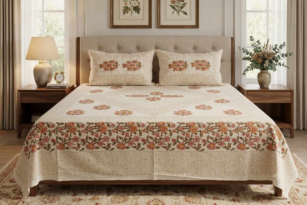 Queen Size Cotton Bedspread 90 × 100 Inches – Floral Printed Traditional Design