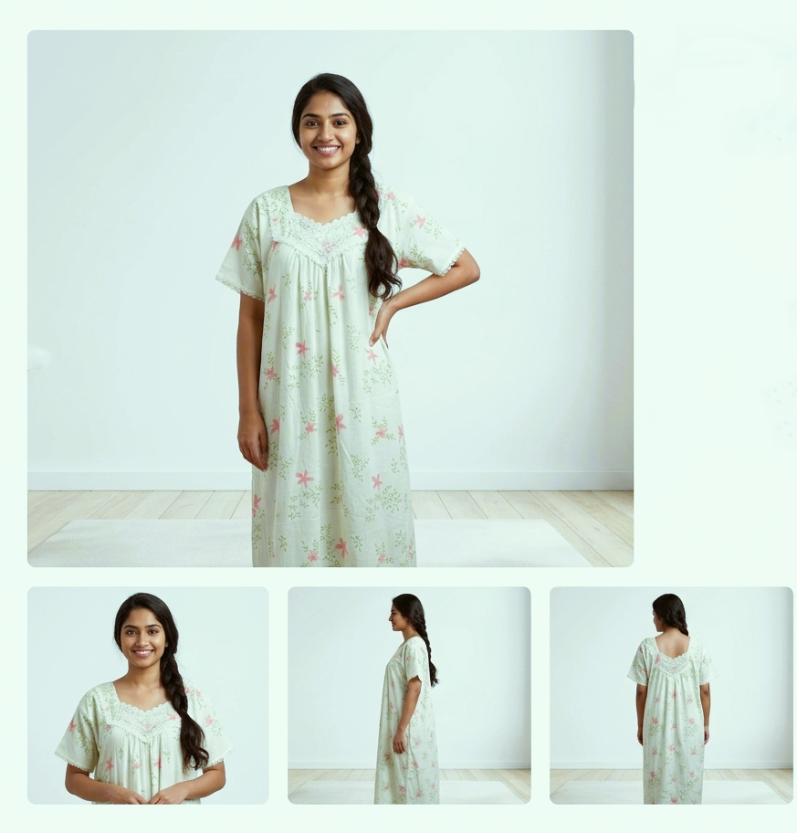 Women's Floral Print Cotton Nighty with Lace Yoke – Full Length Comfortable Sleepwear