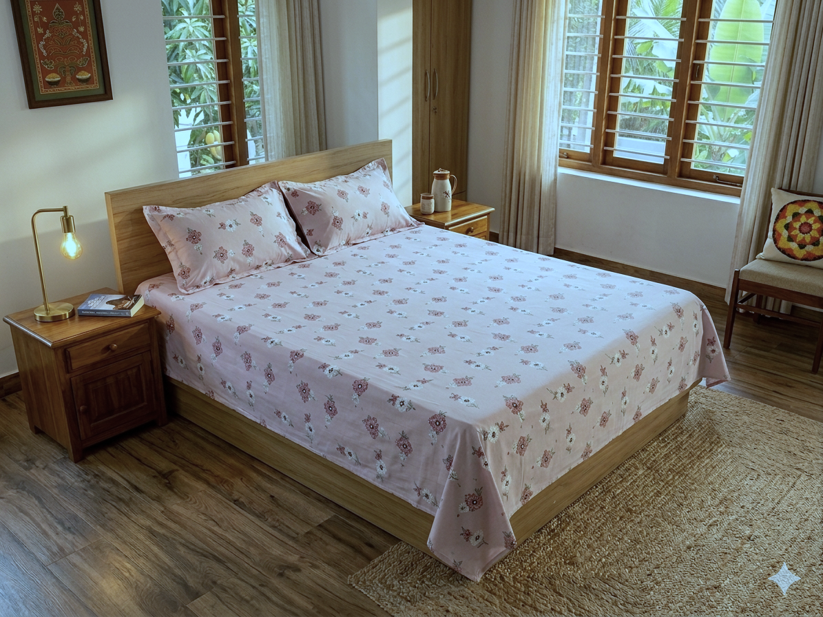 Elegant Pink Floral Queen Size Bedsheet with 2 Pillow Covers