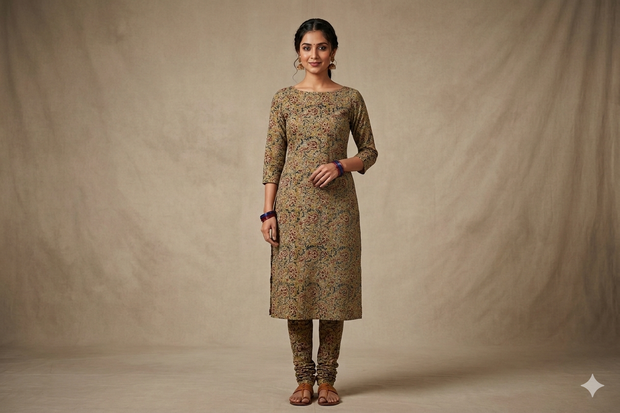 Vintage Olive Kalamkari Print Cotton Churidar Material – 44 Inch Width | Top Fabric 2.5 Meters
