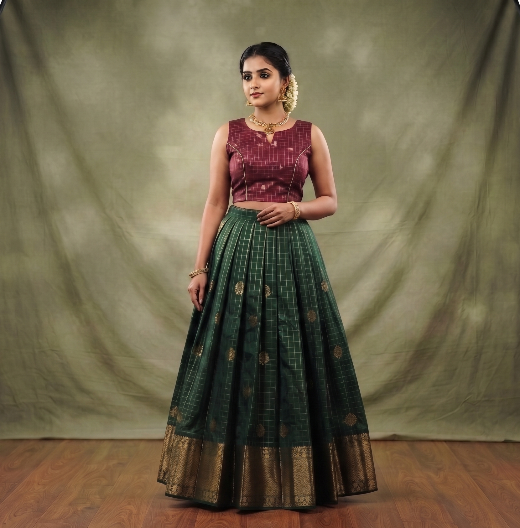 Maroon Brocade Silk Fabric for Blouse & Midi | Gold Woven Butta Design |