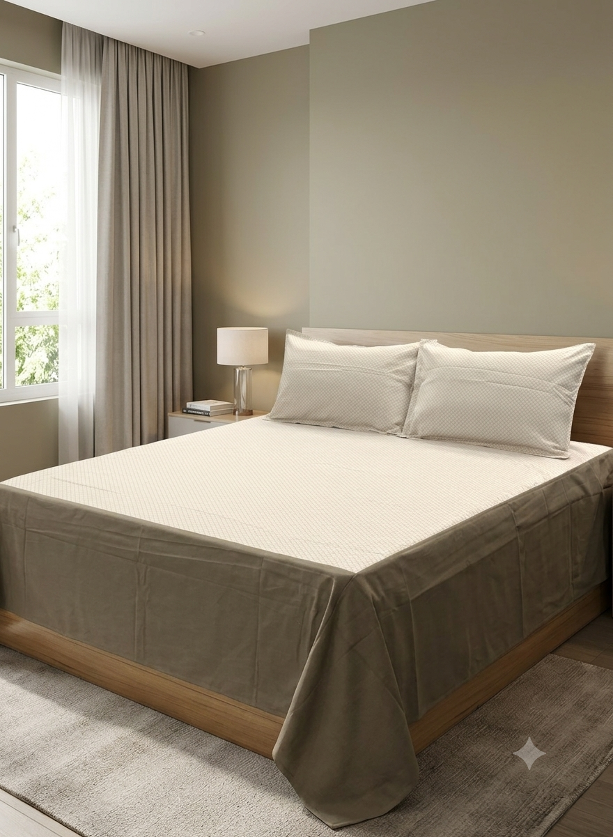 King Size Cotton Bedspread with Pillow Covers – Elegant Ivory & Taupe Geometric Design | Bedspread Set