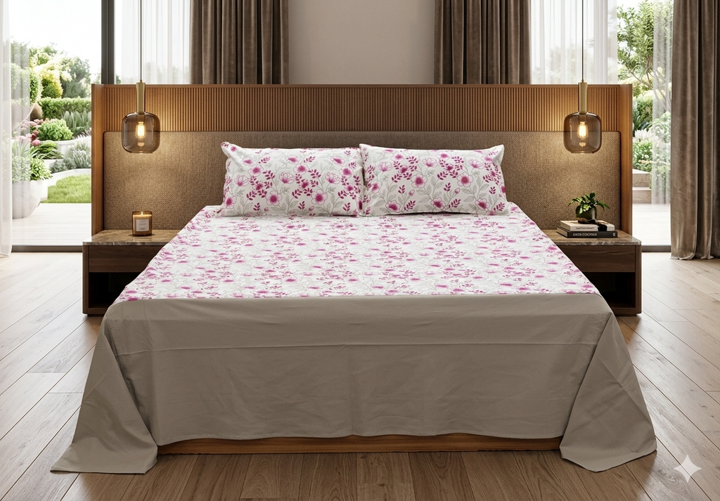 Pink Floral Elegance King Size Bedspread Set with 2 Pillow Covers