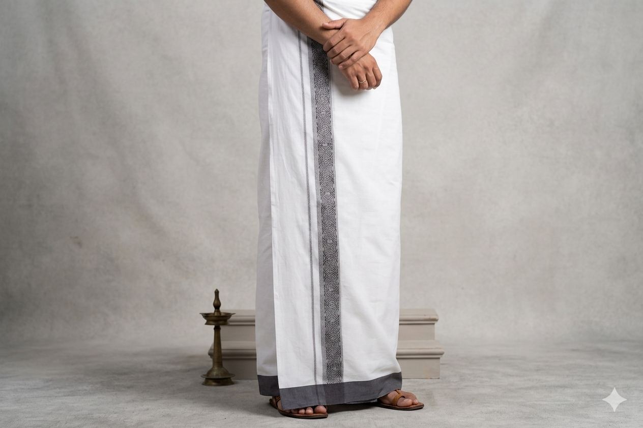 Premium Cotton Double Mundu with Elegant Grey & Black Kasavu Border