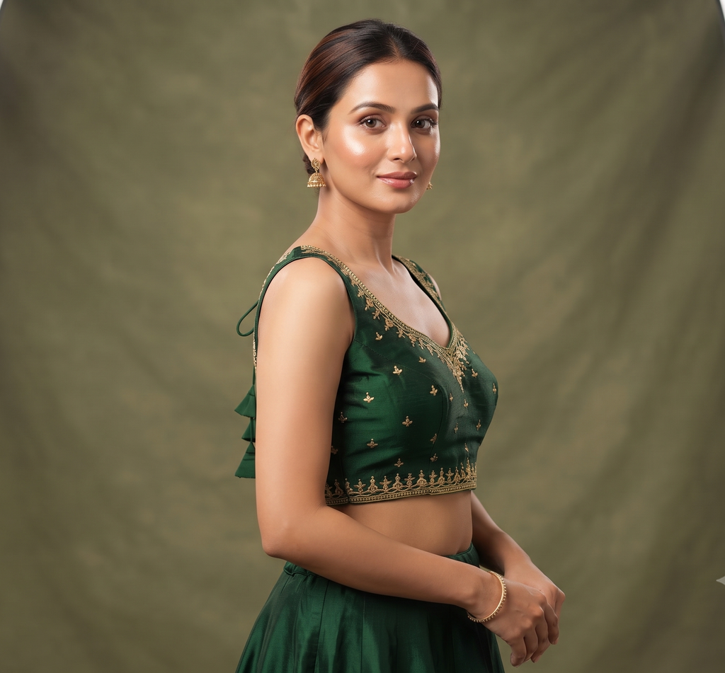Women's Chanderi Silk Saree Blouse | Embroidered Ready-to-Wear Blouse | Padded | Sleeves Inside | Dark Green