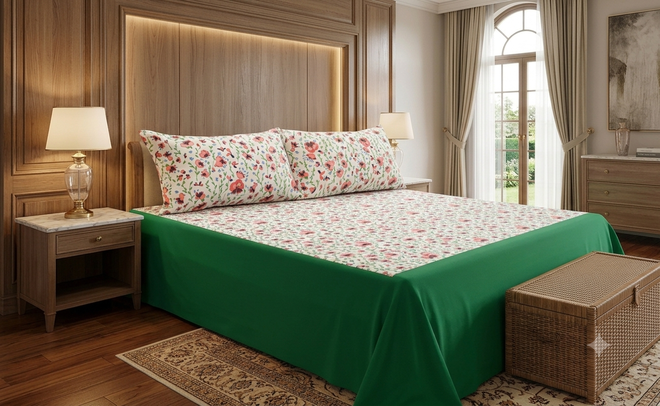King Size Floral Printed Bedsheet with 2 Pillow Covers | White & Green |