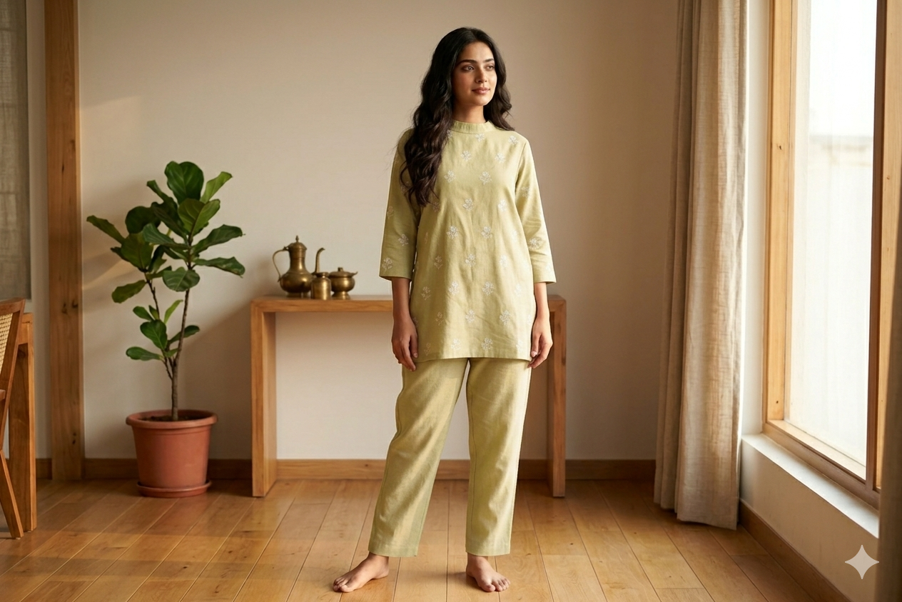 Elegant Pastel Lime Semi Linen Dress Material Set – Floral Print | 44" Width