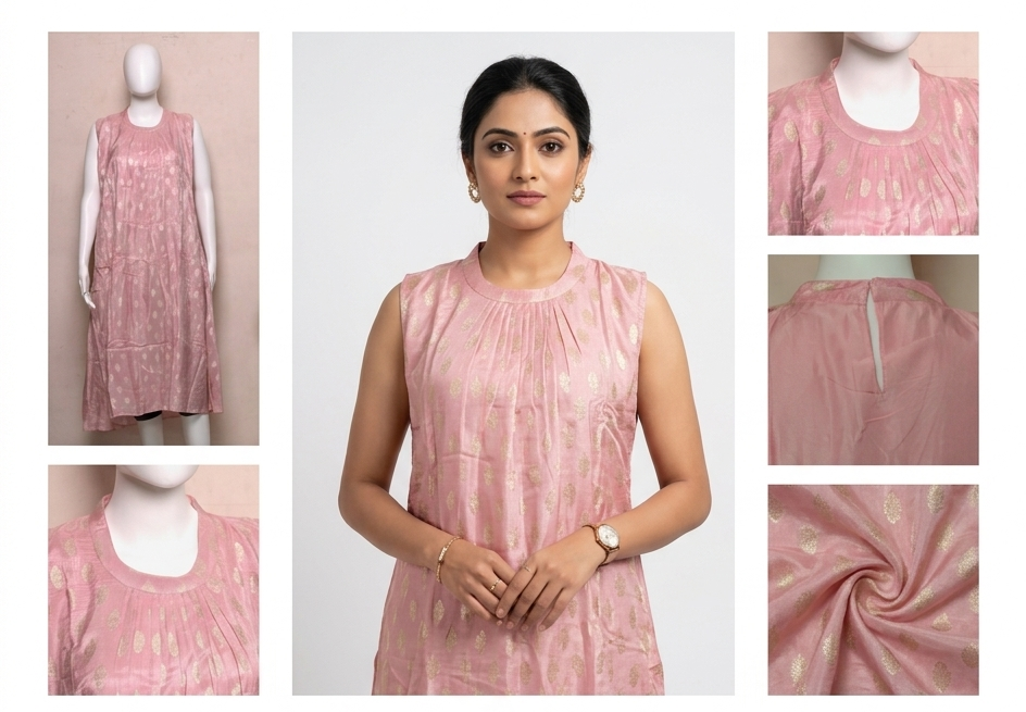 Women's Pink Foil Print Sleeveless Churidar a line Top with Sleeve Material | Ethnic Kurti Top Only