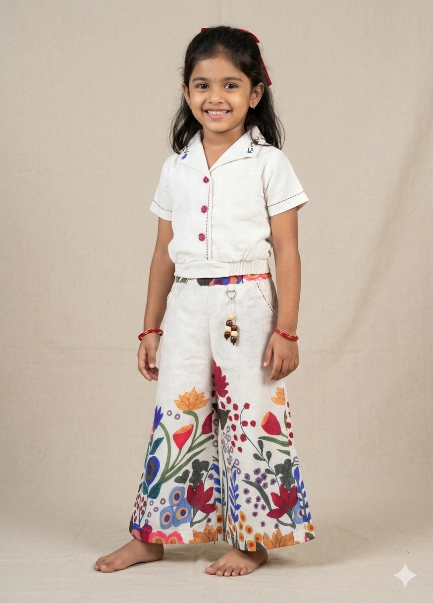 Girls White Floral Printed Co-Ord Set | Stylish Crop Top & Wide Leg Pants for Kids