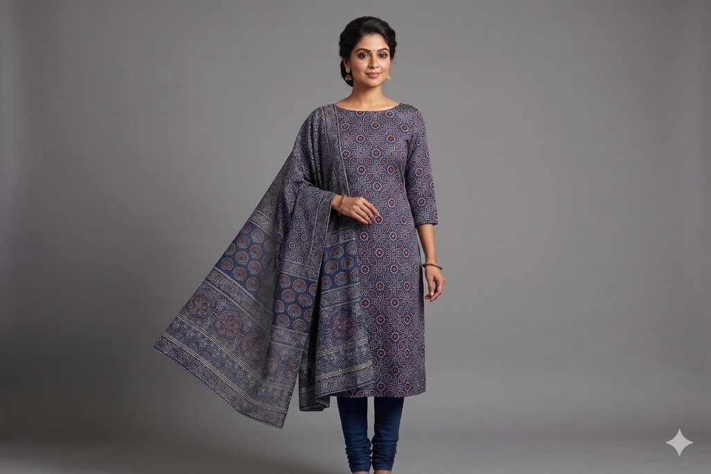 Navy Blue Modal Silk Churidar Material Set with Traditional Print