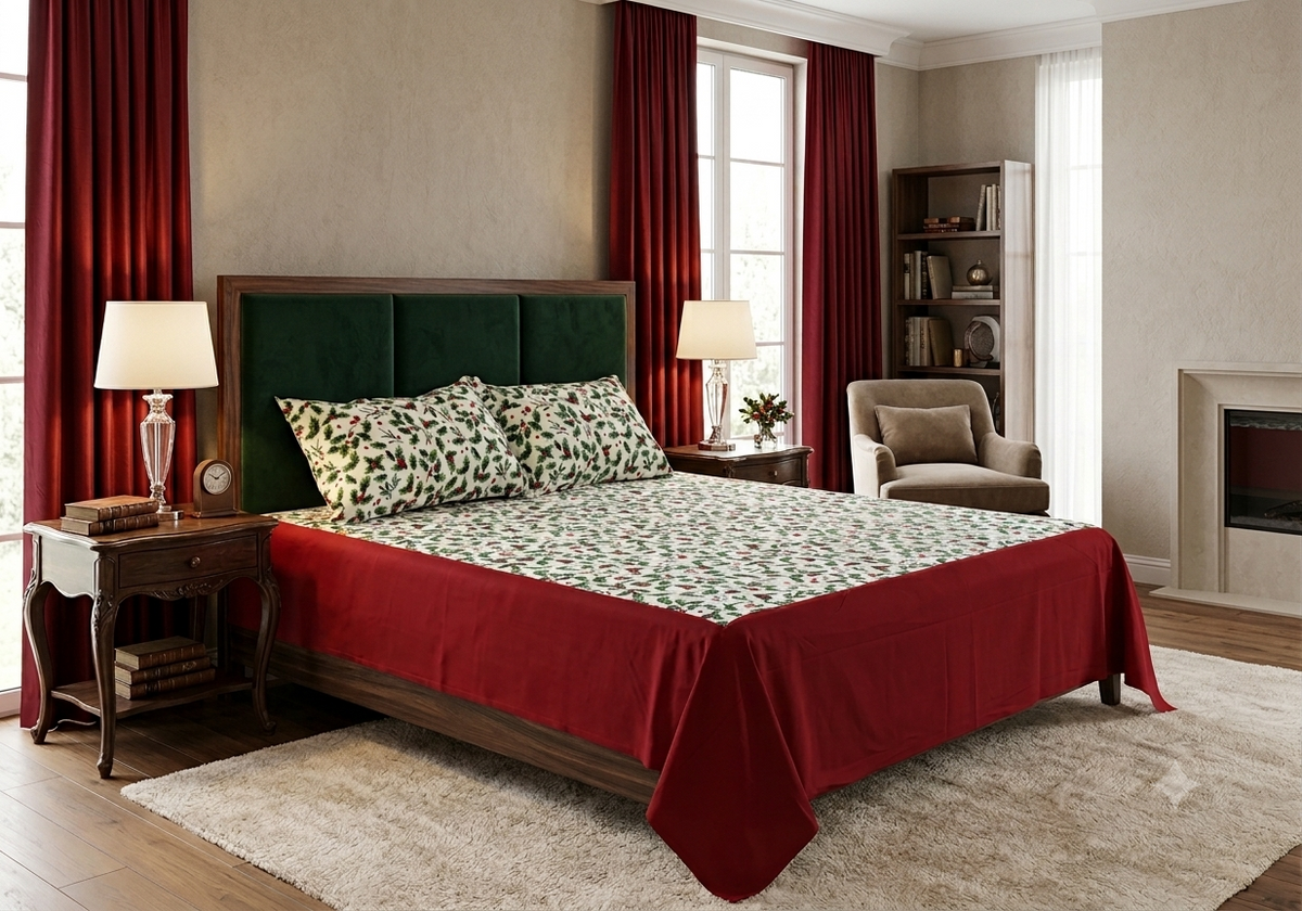 King Size Cotton Bedspread – Christmas Holly & Floral Print with Red Border | 100 × 110 Inches