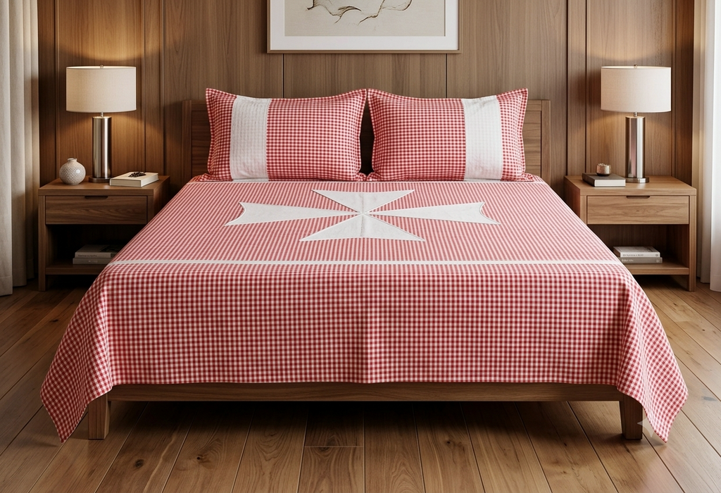 King Size Red & White Checkered Bedspread Set with 2 Pillow Covers