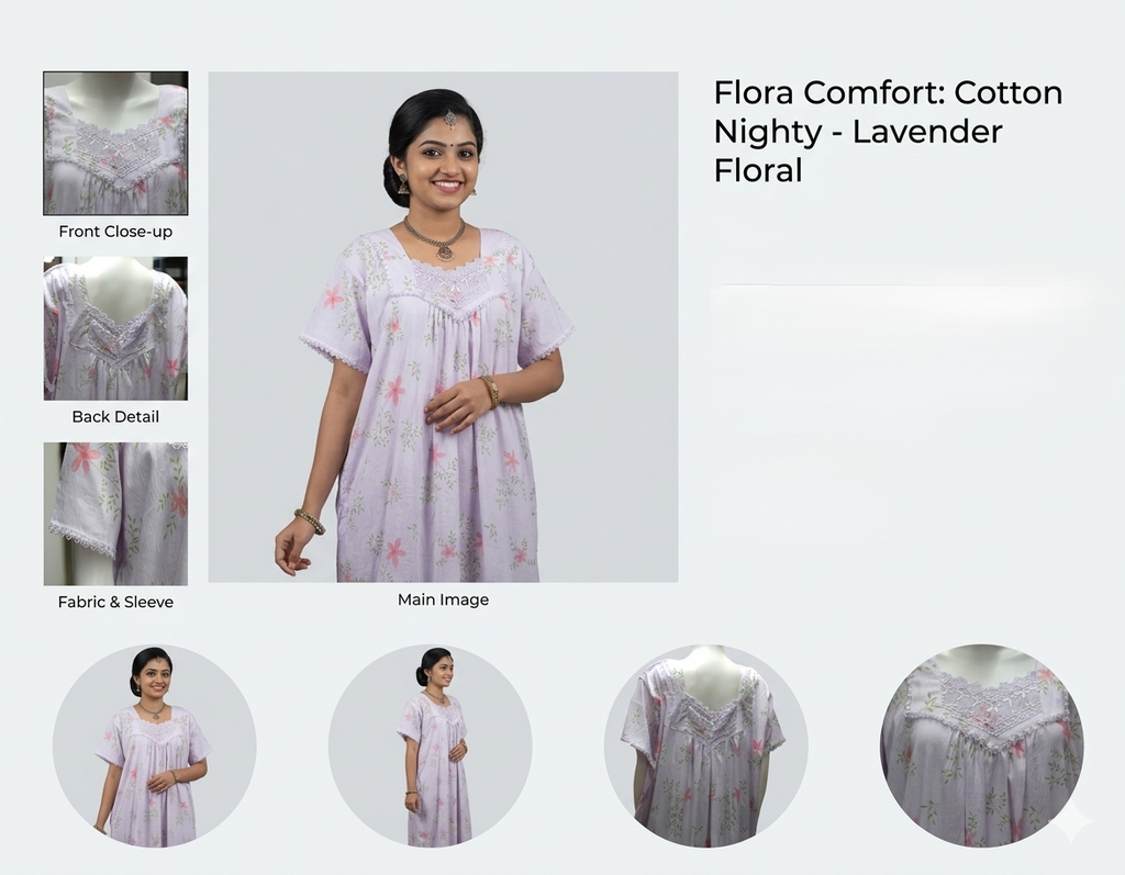 Women's Lavender Floral Print Nighty with Lace Yoke – Soft & Comfortable Full-Length Sleepwear