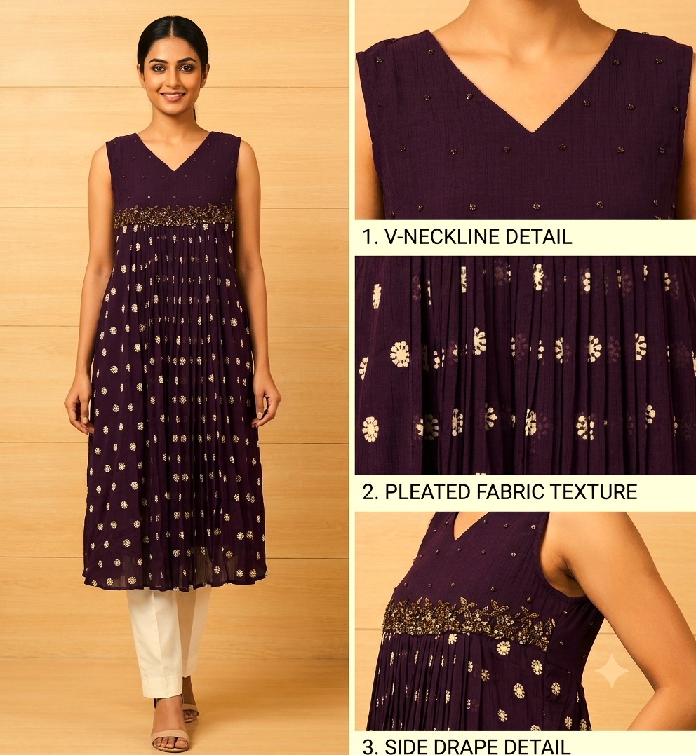 Women's Mull Chiffon Embroidered Churidar Top – Sleeveless V-Neck Printed Kurti (Top Only with Sleeve Fabric Inside) – Purple