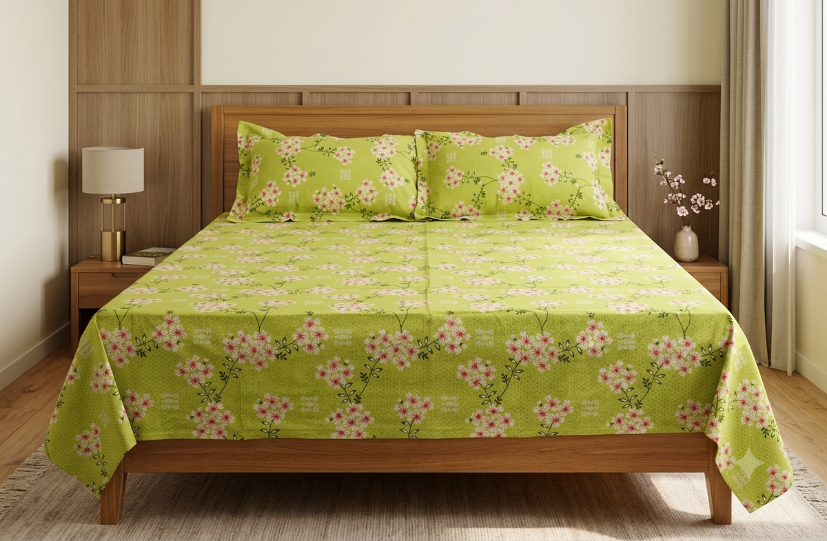 Green Floral Cotton Blend Queen Size Bedsheet – 90 × 100 Inch