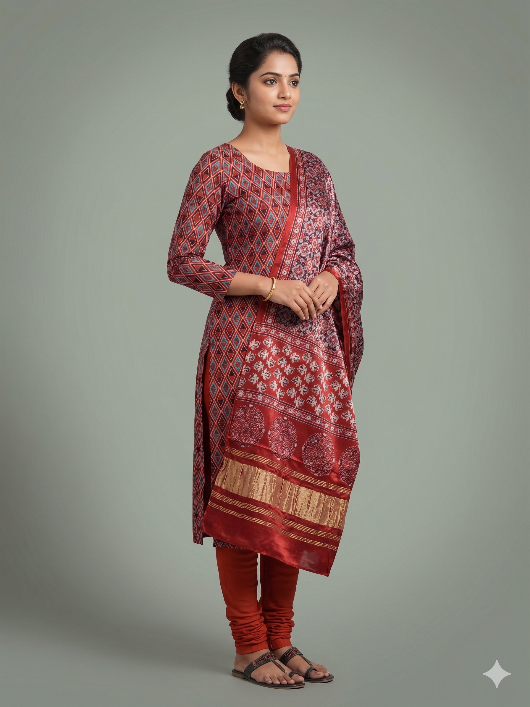 Rust Red Geometric Print Modal Silk Churidar Material Set for Women