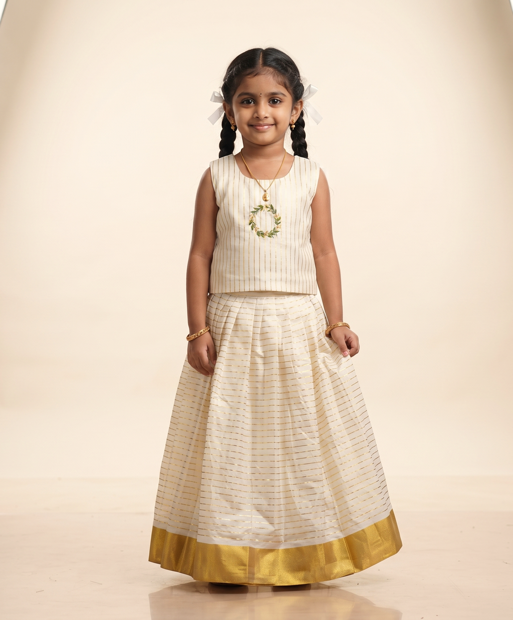 Girls Kerala Traditional Skirt & Top Set – White with Golden Stripes | Onam Festive Wear | Sleeveless Ethnic Outfit