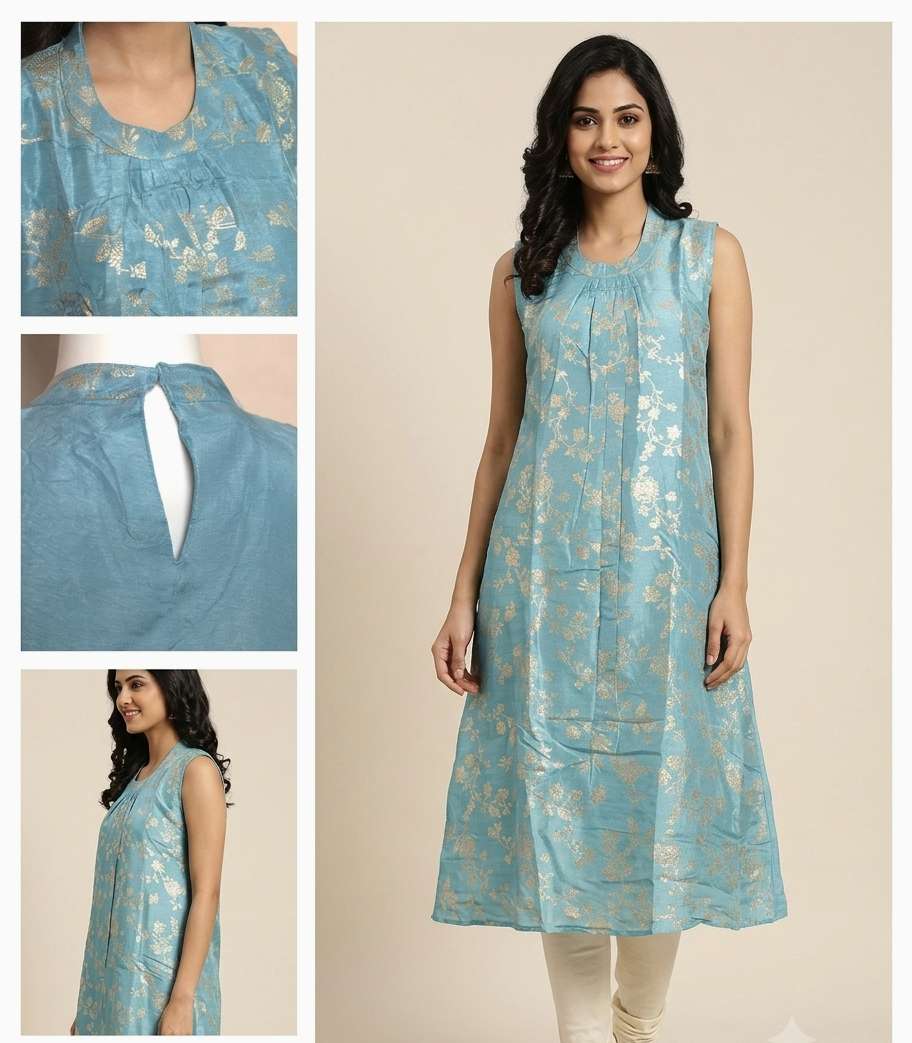 Women's Sky Blue Floral Jacquard Churidar a lineTop with Sleeve Material | Round Neck | Top Only