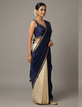 Navy Blue Chanderi Silk Embroidered Saree Blouse for Women | Ready-to-Wear Padded Blouse | Sleeves Inside