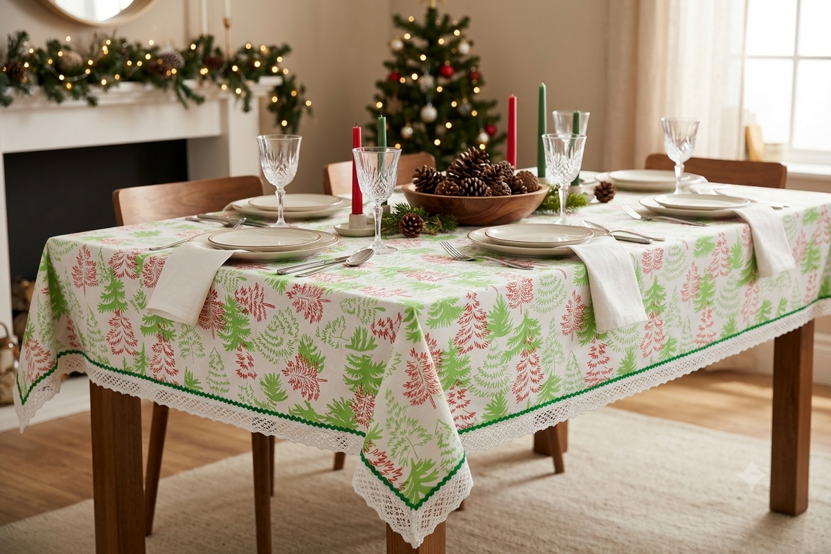 Green & Red Floral Printed Table Cloth with Lace Border – 210 × – Nushio by Pulpel