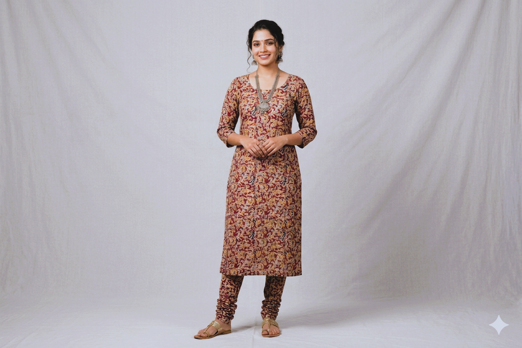 Elegant Maroon Kalamkari Print Cotton Churidar Material – 2.5 Mtr Top Fabric | 44 Inch Width