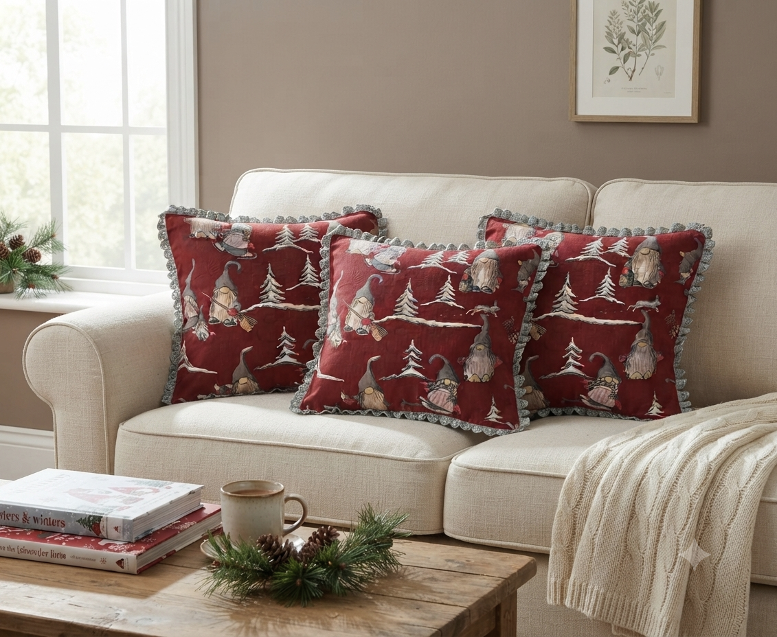 Christmas Gnome Printed Cushion Cover with Lace Border – 16×16 Inch