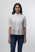 Women's White Lace Button-Down Jeans Top | Elegant Semi-Sheer Casual Shirt-LARGE SIZE