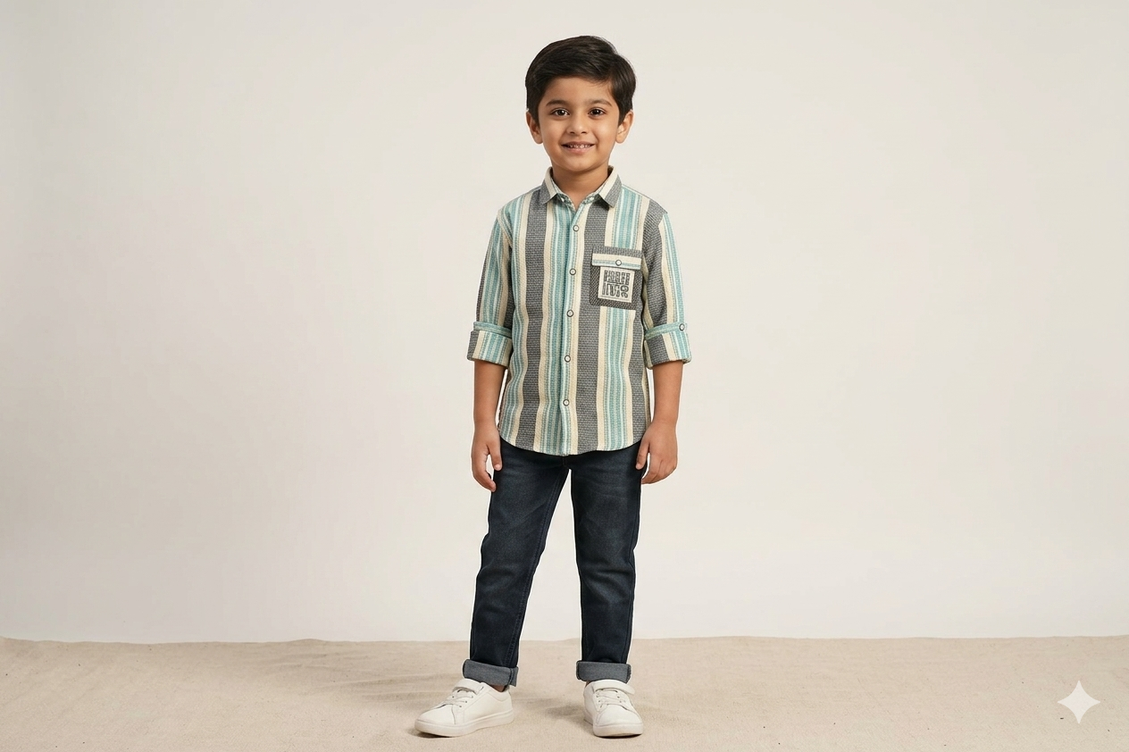 Kids Full Sleeve Vertical Stripe Casual Shirt – Grey, White & Aqua Blue