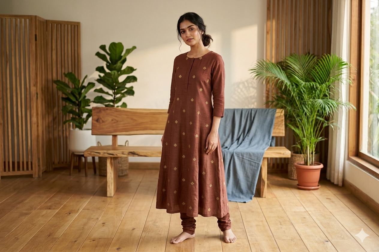 Rust Brown Semi Linen Dress Material Set with Gold Butti – 44” Width