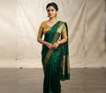 Golden Checkered Brocade Padded Front-Open Readymade Saree Blouse with Dori Tie-Up