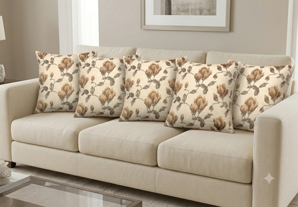Elegant Brown Floral Cushion Covers with Botanical Print – Set of 5