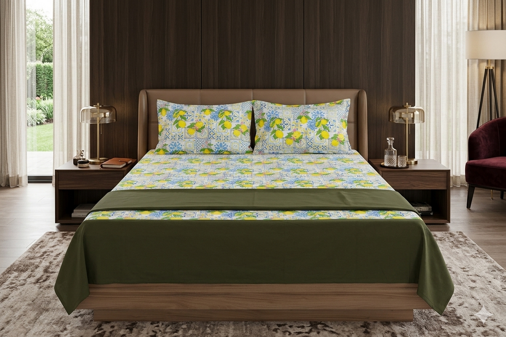King Size Lemon Blossom Printed Bedsheet with 2 Pillow Covers | Fresh Citrus & Tile Pattern Design