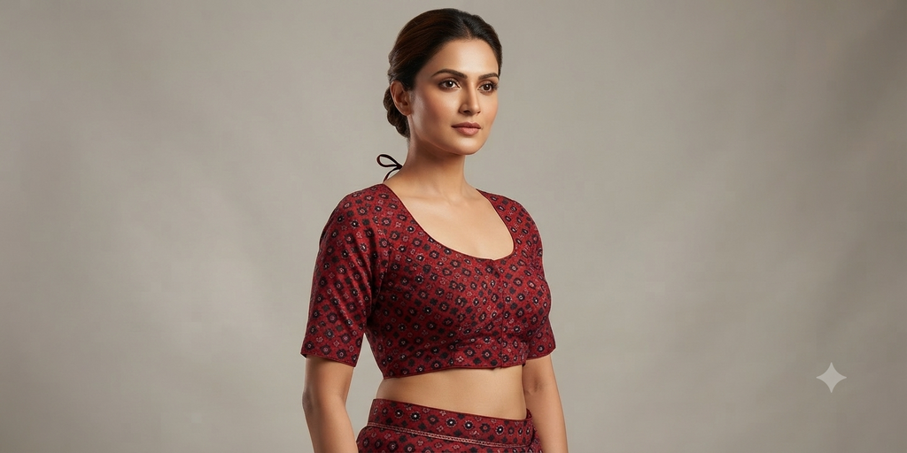 Women's Chanderi Silk Printed Front Open Saree Blouse | Ready-to-Wear Padded Blouse for Saree &Midi