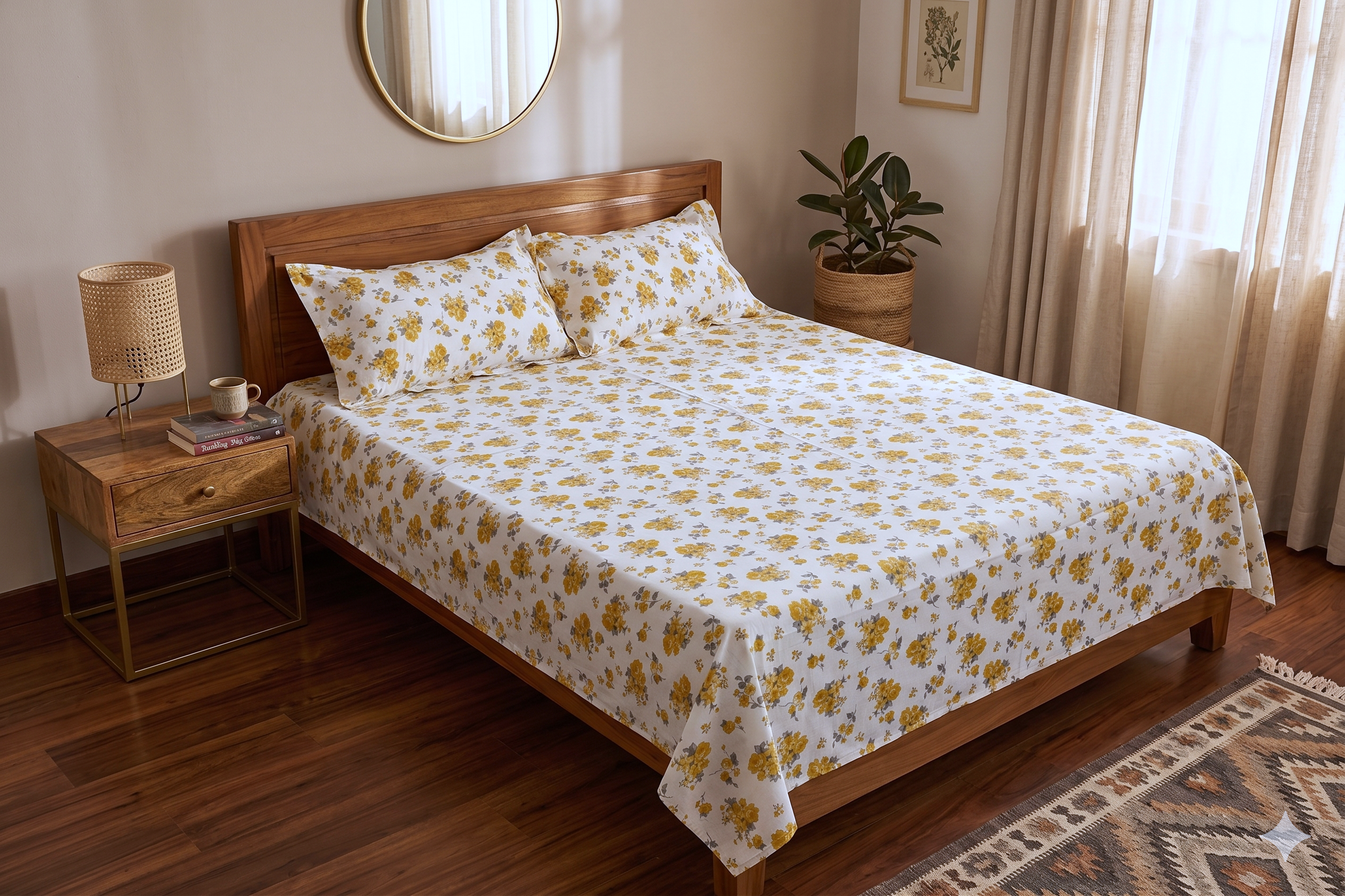 Golden Blossom Floral Queen Size Bedsheet with Pillow Covers