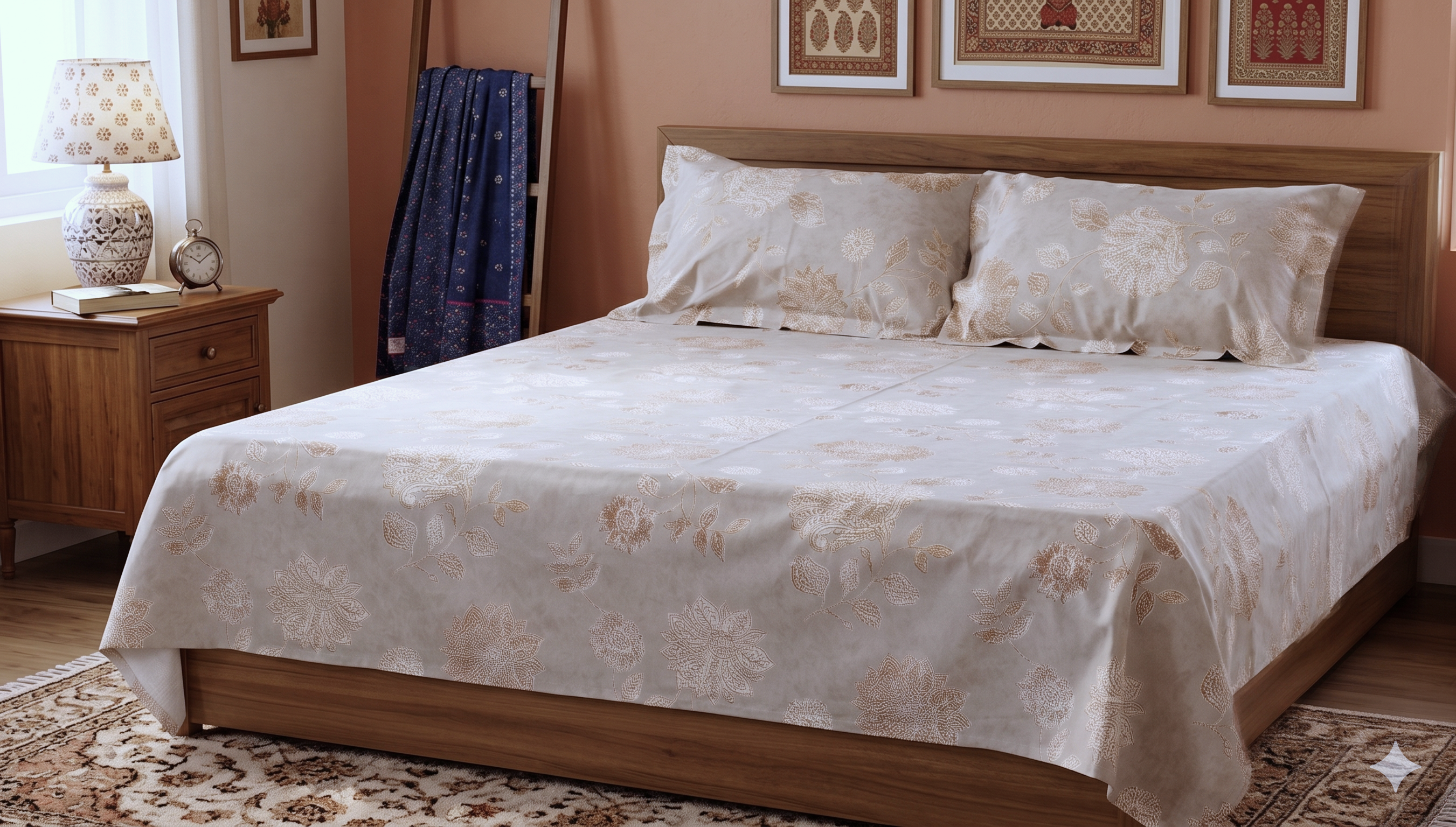 Elegant Beige Floral Queen Size Bedsheet with 2 Pillow Covers