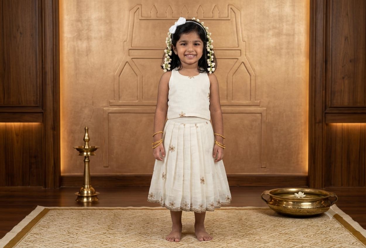 Girls Kerala Traditional Embroidered Skirt & Blouse Set | Off White Ethnic Wear | Floral Embroidery | Traditional Festive Outfit