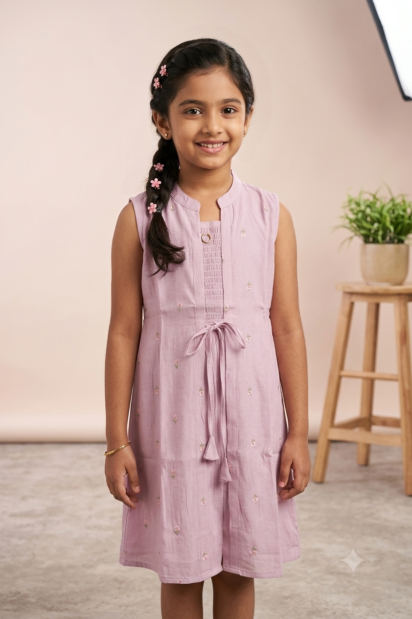 Girls’ Pink Floral Embroidered Anarkali Frock with Inner Sleeves