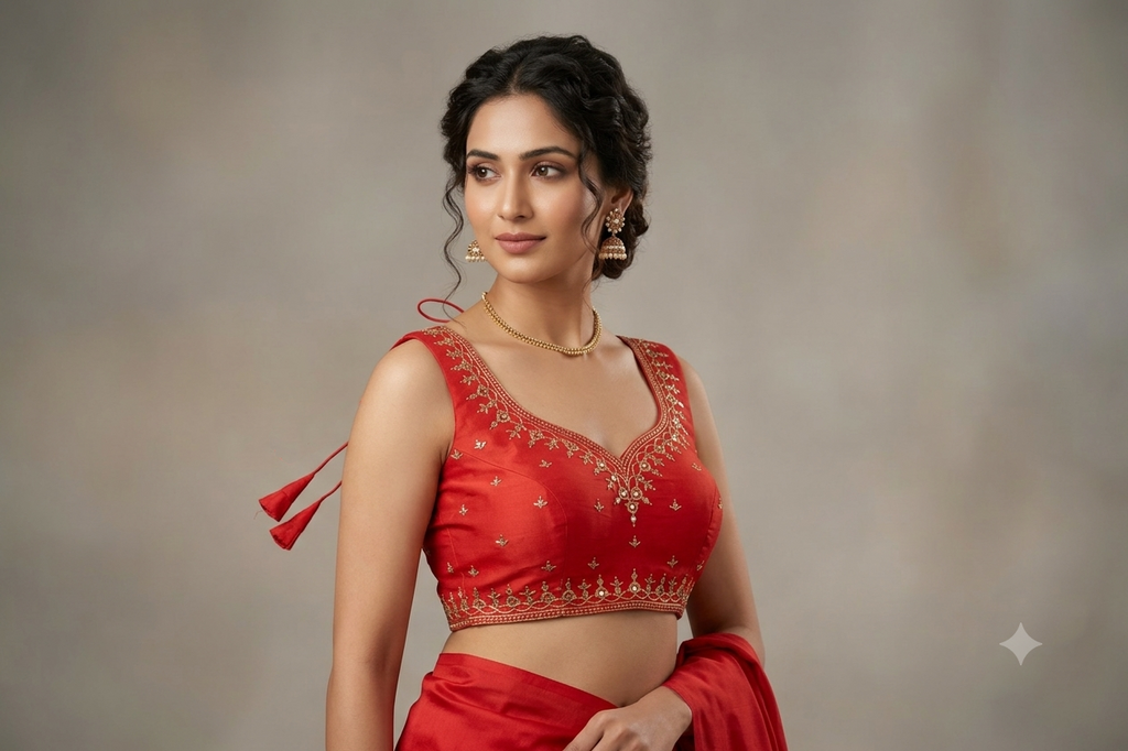 Women's Chanderi Silk Embroidered Saree & Midi Blouse | Readymade Blouse with Attached Sleeves | Red