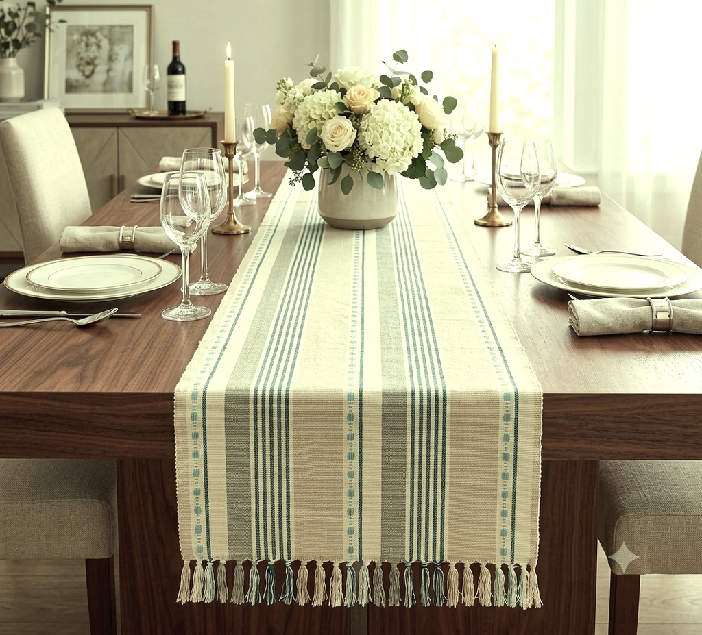 Striped Cotton Table Runner with Tassel Border – 190 × 40 cm